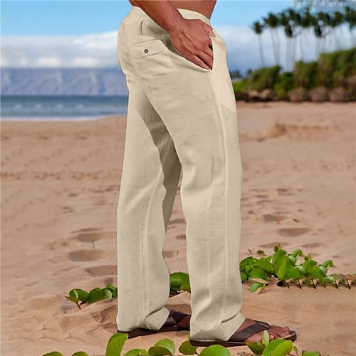 Herren Leinenhosen Hose Sommerhose Tasche Einfach Komfort Atmungsaktiv Täglich Outdoor Ausgehen Mode Streetwear Khaki Hellgrau Image