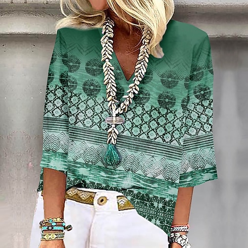 Damenhemd Button-Down-Bluse Basisdruck 3/4-Länge Ärmel Reguläre Oberteile V-Ausschnitt Leger Pink Blau Lila Grün Khaki Image