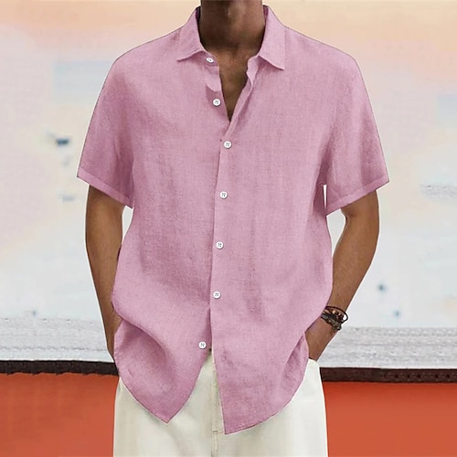 Herren leinenhemd Sommerhemd Strandbekleidung Knopfhemd Glatt Urlaub Curise Schwarz Weiß Blau Violett Kurzarm Umlegekragen Frühling Herbst Bekleidung Button-Down Image