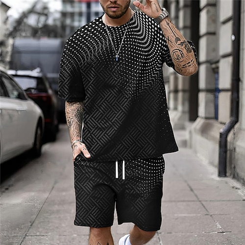 Herren Geometrisch Grafikdrucke 2St T-Shirts-Sets Passende Sets Kurzarm Kurze Hosen Rundhalsausschnitt Sport Designer Lässig Outdoor Urlaub Täglich Frühling Sommer Schwarz Grün Dunkelblau Image