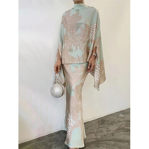 Damen Kleid-Set Freizeitkleid Rock-Set Etui-Kleid Elegant Modern Blumen Rüsche Druck Langes Kleid Maxikleid Langarm Stehkragen Täglich Ausgehen Blau Weiß Champagner Herbst Winter Normale Passform Image