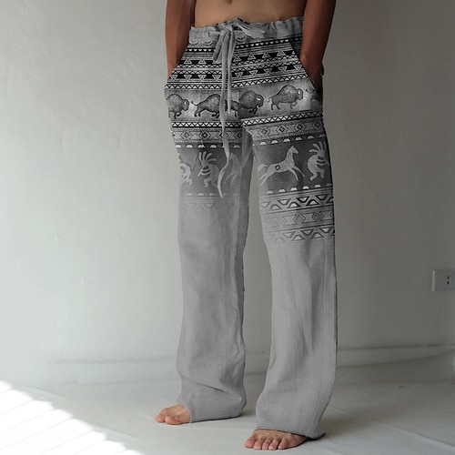 Herren Grafikdrucke Leinenhosen Baggy-Hosen Mittlere Taille Streetwear Hawaiianisch Designer Lässig Täglich Ferien Kordelzug Elastischer Bund Fronttasche Frühling Sommer 3D-Druck Grün Khaki Grau Image