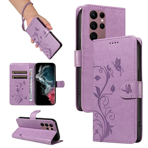 Handy Hülle Handyhüllen Für Samsung Galaxy S26 Ultra Plus S25 S24 S23 S22 S23 FE S21 Ultra Plus A34 A54 A73 Brieftaschenhülle Geprägt Vollschutz Mit Handgelenkschlaufe Baum Schmetterling TPU PU-Leder Image