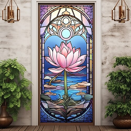 Buntglas-Lotus-Türabdeckungen, Wanddekoration, Türteppich, Türvorhang, Dekoration, Hintergrund, Türbanner, abnehmbar, für Haustür, Innen- und Außenbereich, Heimdekoration, Bauernhaus-Dekoration Image