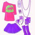 Damen 80er Kostüme Outfit 1980er T-Shirts Accessoires Set T-Shirt Tutu Rock Ohrringe Halskette Armbänder Netzhandschuhe Stulpen Stirnband 8-tlg Schlager Outfit