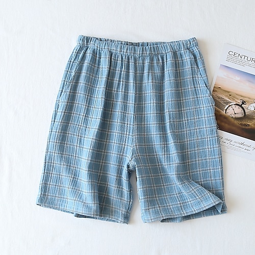 Herren Schlafanzüge Pyjama-Shorts Plaid Stilvoll Brautkleider schlicht Komfort Heim Täglich Bett Baumwollmischung Komfort Sommer Frühling Blau Dunkelblau Image