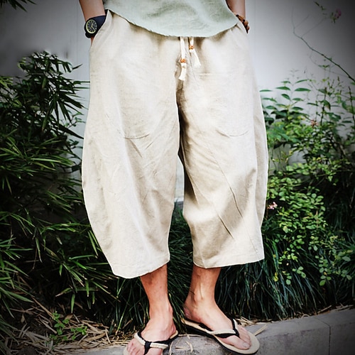 Herren Leinenhosen Sommerhose Strandhose Tasche Elastischer Bund Kordelzug Einfach Komfort Atmungsaktiv Wadenlang Urlaub Täglich Ferien Hawaiianisch Boho Schwarz Rote Image