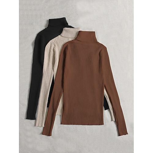 Damen Pullover Basic Brautkleider schlicht Feste Farbe Gerippt Rollkragen Strick Dünn Langarm Stricken Täglich SchwarzWeißGrau SchwarzAprikoseBraun Herbst Winter