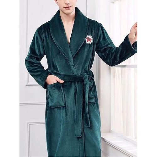 Herren Schlafanzug Morgenmantel Bademantel Glatt Stilvoll Brautkleider schlicht Komfort Heim Täglich Bett Flanell Komfort Warm Kargen Langarm Tasche Gürtel inbegriffen Herbst Winter Wein Marineblau Image