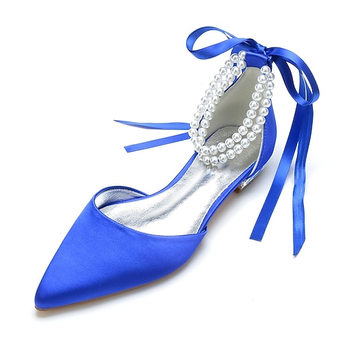 Damen Hochzeitsschuhe Damenschuhe Valentinstagsgeschenke Party Abend Hochzeitsschuhe Flach Brautschuhe Brautjungfernschuhe Schleife Imitationsperle Flacher Absatz Spitze Zehe Klassisch Süß Satin Image