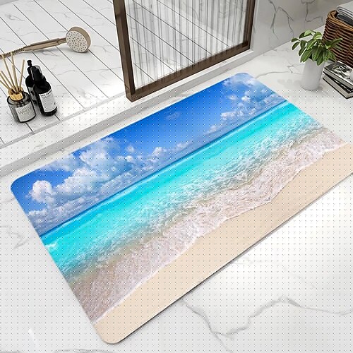Rutschfeste Badematte, schnelltrocknender, supersaugfähiger, dünner Badezimmerteppich aus Gummi, passt unter die Tür, waschbare Badezimmerfußmatten, Duschvorleger für vor der Badewanne, im Duschraum Image