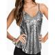 Damen Tank Top Spaghetti-Shirt Glatt Funkelnd Party Casual Pailletten Silber Ärmellos Party Metallisch V Ausschnitt Sommer