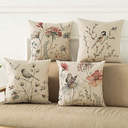 Blume, Vogel, Schmetterling, doppelseitiger Kissenbezug, 4-teilig, weicher dekorativer Kissenbezug für Schlafzimmer, Wohnzimmer, Sofa, Couch, Stuhl, maschinenwaschbar