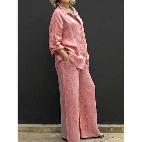 Damen-Loungewear-Sets aus Baumwollmischgewebe, zweiteilig, lässig und bequem, einfarbig, mit Tasche, elastischem Bund, langärmelig, Reverskragen, für Urlaub, Streetwear, Alltag, Sommer, Frühling und Herbst. Image