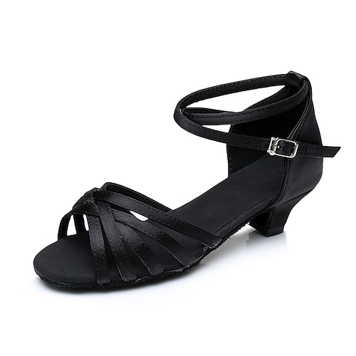 Blaue Latein-Tanzschuhe aus Satin für Damen – offene Ballsaal-Sandalen mit niedrigem Absatz und Knöchelriemen für Training und Auftritt Image