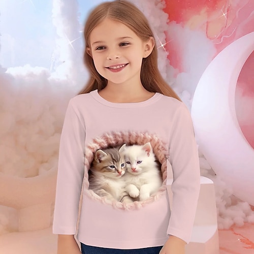 Mädchen 3D Graphic Karikatur Katze T-Shirt Langarm 3D-Druck Sommer Herbst Aktiv Modisch Kuschelig kinderkleidung 3-12 Jahre Outdoor Casual Täglich Regular Fit Image