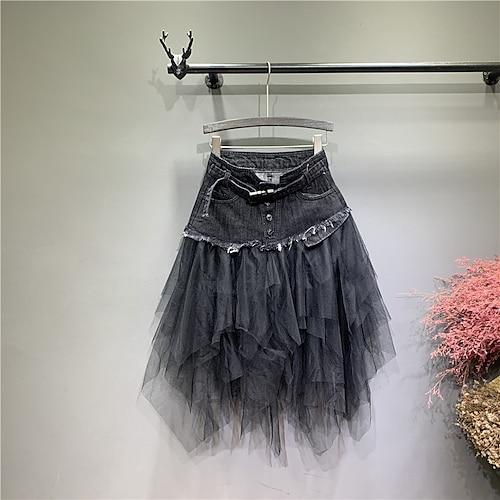 Damen Rock A-Linie Basic Lang Karnevalskostüme Damen Asymmetrisch Röcke Farbblock Einfarbig Plissiert Tüll Urlaub Alltagskleidung Schwarz Leicht Blau Sommer Denim