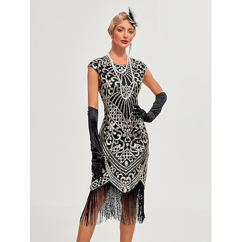Goldene Zwanziger 1920er Cocktailkleid Knielang Flapper Kleid Kleid Weihnachtsfeier Kleid Cap-Ärmel Der große Gatsby Charleston Hochzeitsgast Pailletten Quastenfransen Rundausschnitt Kostüm Damen Image