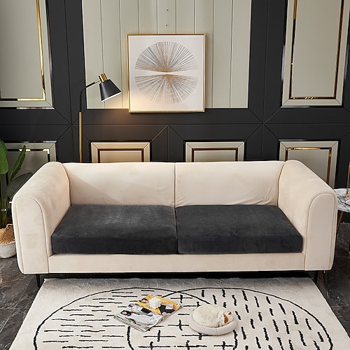 Stretch-Sofa-Sitzkissenbezug, Samt-Schonbezug, elastischer Couch-Sessel, Loveseat, 4- oder 3-Sitzer, grau, weinrot, rot, schwarz, blau, einfarbig, weich, strapazierfähig, waschbar Image