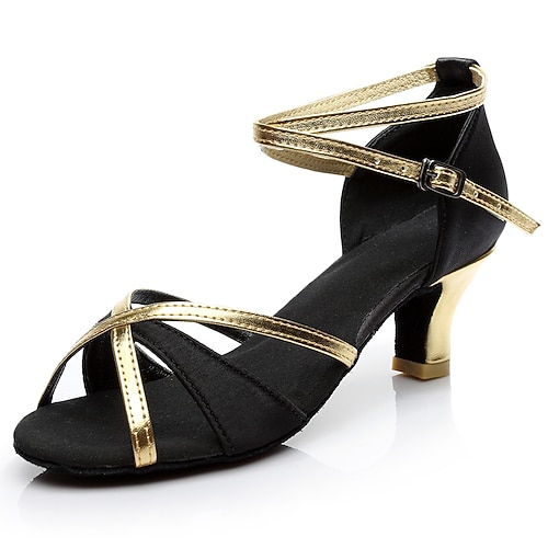 Schwarze und goldene Satin-Tanzschuhe für Damen mit weicher Wildledersohle – Riemchensandalen mit hohem Absatz für Gesellschaftstanz, Salsa und lateinamerikanische Tänze Image