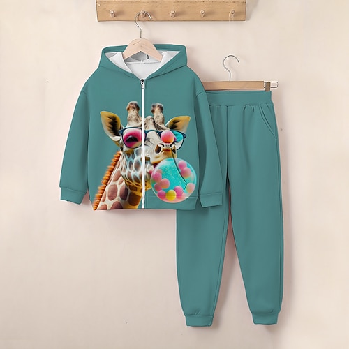 Mädchen 3D Giraffe Set aus Kapuzenpullover und Jogginghose Langarm 3d Drucken Herbst Winter Aktiv Modisch Kuschelig kinderkleidung 3-12 Jahre Reissverschluss Mit Kapuze Outdoor Strasse Regular Fit Image