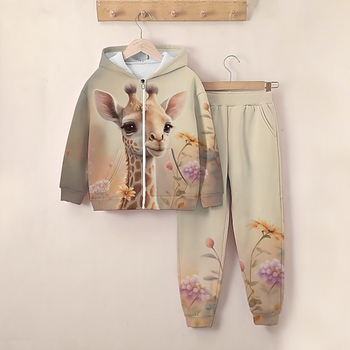 Mädchen 3D Giraffe Set aus Kapuzenpullover und Jogginghose Langarm 3d Drucken Herbst Winter Aktiv Modisch Kuschelig kinderkleidung 3-12 Jahre Reissverschluss Mit Kapuze Outdoor Strasse Regular Fit Image