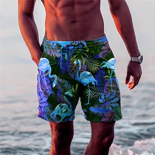 Herren Blatt Flamingo Grafik-Drucke Boardshorts Badeshorts Badehose Schwimmshorts Bademode Mittlere Taillenlinie Hawaiianisch Boho Casual Täglich Festtage Kordelzug mit Mesh-Futter Elastische Taille Image