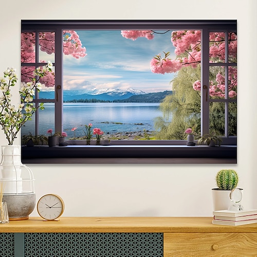 Landschafts-Wandkunst-Leinwand, falsches Fenster, Frühling, Kirschblüten, Drucke und Poster, Bilder, dekorative Stoffmalerei für Wohnzimmer, Bilder ohne Rahmen Image