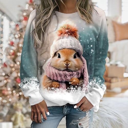 Damen Sweatshirt Pullover Kaninchen Casual Sport Print Sportbekleidung Festival Rundhals Langarm Top Mikroelastisch Herbstamp; Winter