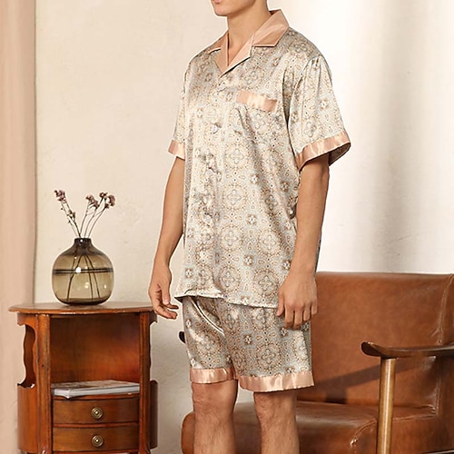 Herren Schlafanzüge Schlafanzug Set Pyjama aus Seide Pyjama-Oberteil und Shorts 1 Set Punkt Einfach Komfort Heim Täglich Kunstseide Atmungsaktiv Kargen Kurzarm Kurze Hosen Tasche Herbst Frühling Wein Image