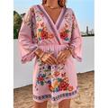 Damen Minikleid Casual kleid A Linie Kleid Boho-Kleid Ethnisch Boho A-Linie Urlaub Strasse Festtage Lockere Passform Blumen 3/4 Ärmel V Ausschnitt Schwarz Weiß Rosa Sommer Frühling