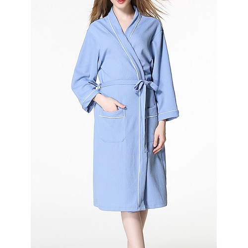 Damen-Schlafanzug, Bademantel, reine Farbe, schlicht, lässig, bequem, für Zuhause, Bett, Hochzeit, Party, Baumwolle, Frottee, atmungsaktiv, V-Draht, lange Ärmel, Tasche, Herbst-Winter-Home-Outfits Image