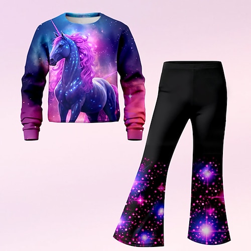 Mädchen 3D Blumen Pferd Set Set aus Sweatshirt und Schlaghose Langarm 3D-Druck Herbst Winter Aktiv Modisch Täglich kinderkleidung 3-12 Jahre Rundhalsausschnitt Outdoor Urlaub Verabredung Regular Fit Image