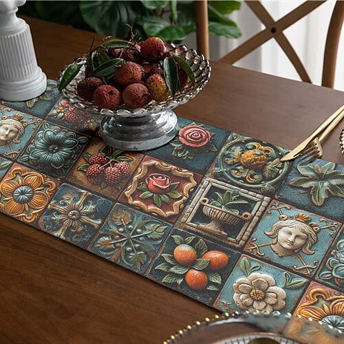 Tischläufer mit geometrischem Druck, Küchen-Esstischdekoration, Tischläufer mit Druckdekor für drinnen und draußen, Zuhause, Bauernhaus, Urlaub, Hochzeit, Geburtstag, Party-Dekoration Image