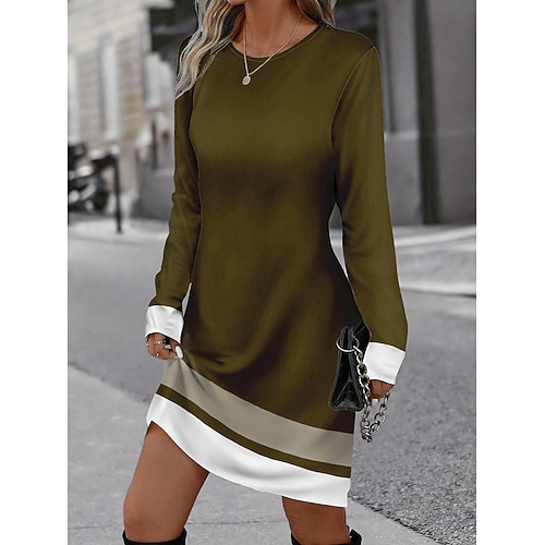 Damen Mini-Kleid Winterkleid Streifen-Druck Rundhals Täglich Urlaub Langarm Herbst Winter Image