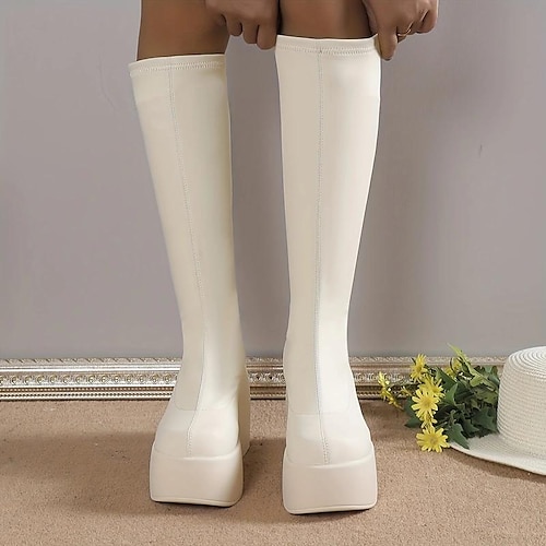 Kniehohe Plateaustiefel aus schwarzem Kunstleder für Damen, dehnbarer Schaft und klobiger Absatz, Punk-Gothic-Stil für Rave-Nächte und Herbst-Outfits, passt zu Miniröcken Image