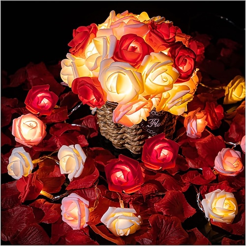 Elegante Hochzeitsfeier Empfang Rosenschnurlichter – Batteriebetrieben Rot/Pink/Weiß 6M/3M/2M 40/20/10 LED künstliche Blumen Girlande für Image