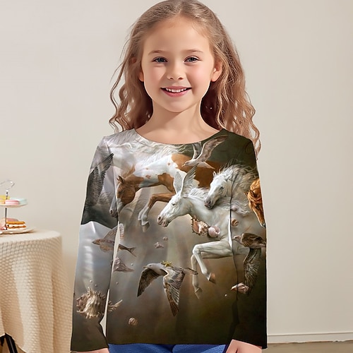 Mädchen 3D Pferd T-Shirt Hemd Langarm 3D-Druck Frühling Herbst Aktiv Modisch Kuschelig Polyester kinderkleidung 3-12 Jahre Rundhalsausschnitt Outdoor Casual Täglich Regular Fit Image