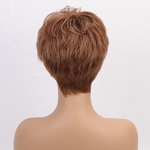 Echthaarmischung Perücke Kurz Glatt Natürlich gerade Pixie-Schnitt Seitenteil Stufenhaarschnitt Asymmetrischer Haarschnitt Weiß Braun Cosplay Lockenwickler Richtmaschine Natürlicher Haaransatz Image