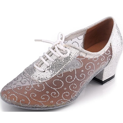 Damen-Latein-Tanzschuhe aus Mesh mit Schnürung und niedrigem Blockabsatz – atmungsaktive Performance-Ballsaal-Übungsschuhe für Anfänger und Profis Image