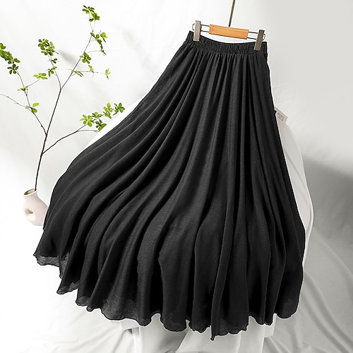 Damen Asiatische Größe Elegant Basic Lässig Maxi Röcke Einfarbig Plissiert Tüll Lang Büro / Karriere Arbeitskleidung Blau Schwarz Weiß Gelb Frühling Sommer Leinen Baumwoll Mischung Image