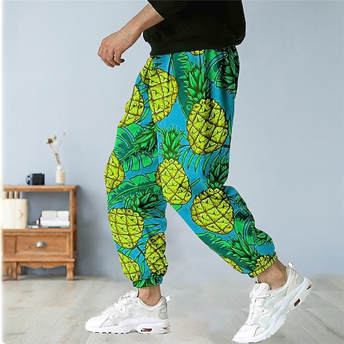 Herren Hose Hosen Sommerhosen Pumphose Ausgebeult Haremshose Kordelzug Elastische Taille Frucht Ananas Grafik-Drucke Komfort Casual Täglich Festtage Baumwollmischung Sport Designer Gelb Blau Image