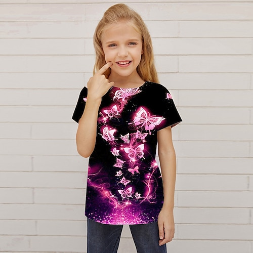 Mädchen 3D Tiermotiv Schmetterling T-Shirt Kurzarm 3D-Druck Sommer Frühling Aktiv Mode Niedlich Kinder 3-12 Jahre Outdoor Täglich Innen Normale Passform Image