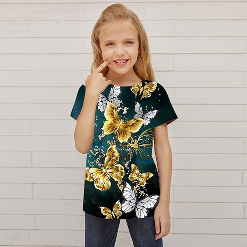 Mädchen 3D Tiermotiv Schmetterling T-Shirt Kurzarm 3D-Druck Sommer Frühling Aktiv Mode Niedlich Kinder 3-12 Jahre Outdoor Täglich Innen Normale Passform Image