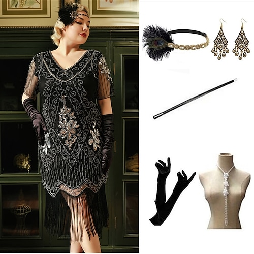 Goldene Zwanziger 1920er Knielang Kleid Flapper Kleid Outfits Kurze Ärmel Der große Gatsby Hochzeitsgast Pailletten Quastenfransen Pailletten Quaste V Ausschnitt Kostüm Damen Maskerade Abschlussball Image
