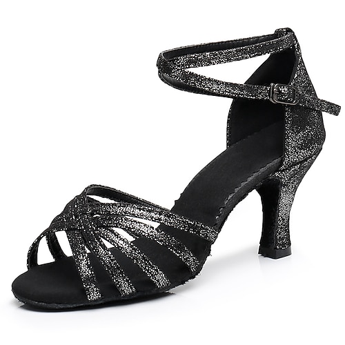 Schwarze Glitzer-Lateinamerika-Tanzschuhe für Damen – Riemchen-Ballsaal-Pumps mit offenem Zehenbereich, Knöchelriemen und bequemer Wildledersohle, perfekt für Salsa-, Lateinamerika- und Tango-Tanz Image