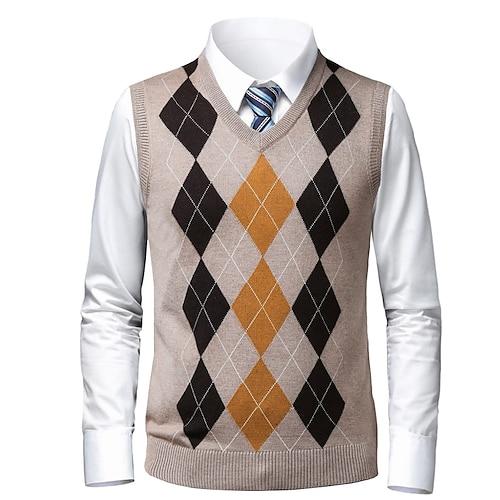 Herren Pullover Pullunder Zur Seite fahren Gerippt Stricken Strick Plaid V Ausschnitt Stilvoll Casual Freizeitskleidung Urlaub Bekleidung Frühling Herbst Kamel Schwarz S M L