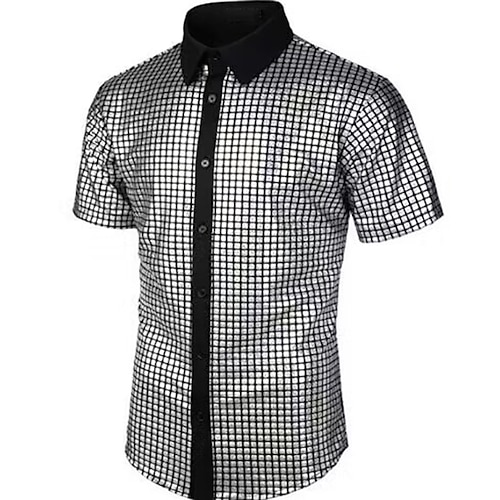 Herren Abschlussballhemd Disco-Shirt Smokinghemden Einfach Formeller Abend Geburtstagsparty Schwarz Gelb Blau Regenbogen Kurzarm Revers Sommer Frühling Bekleidung Pailletten Image