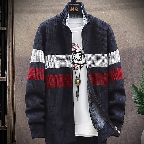 Herren Pullover Strickjacke Zip Pullover Reißverschluss Pullover Jacke Fleece Pullover Stricken Strick Farbblock Ständer Stilvoll Outdoor Heim Bekleidung Winter Herbst Blau Dunkelgray M L XL Image