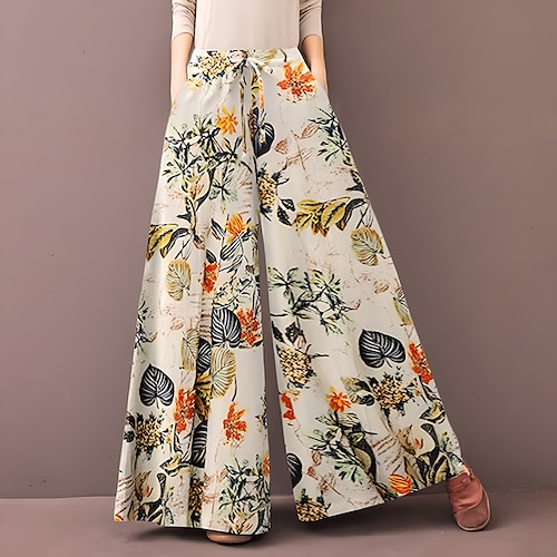 Damen Normal Weite Hosenbeine Weites Bein Hosen Hose Baggy-Hosen Mode Volle Länge Mittlere Taille Blume / Blumenmuster Seitentaschen Baggy Hoher Schnitt Komfort Unelastisch Lässig Wochenende Gelb Image